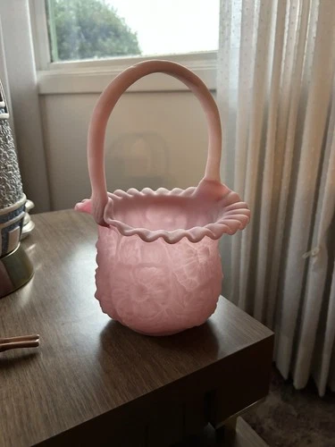 Vintage 1970s Fenton Rose Satin Glass Poppy Basket 9 3/4X6X6 3/4” ~ 2-Tone Pink