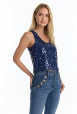 Sophia Sequin Top Navy Blue and Navy White, Sample, Size Small