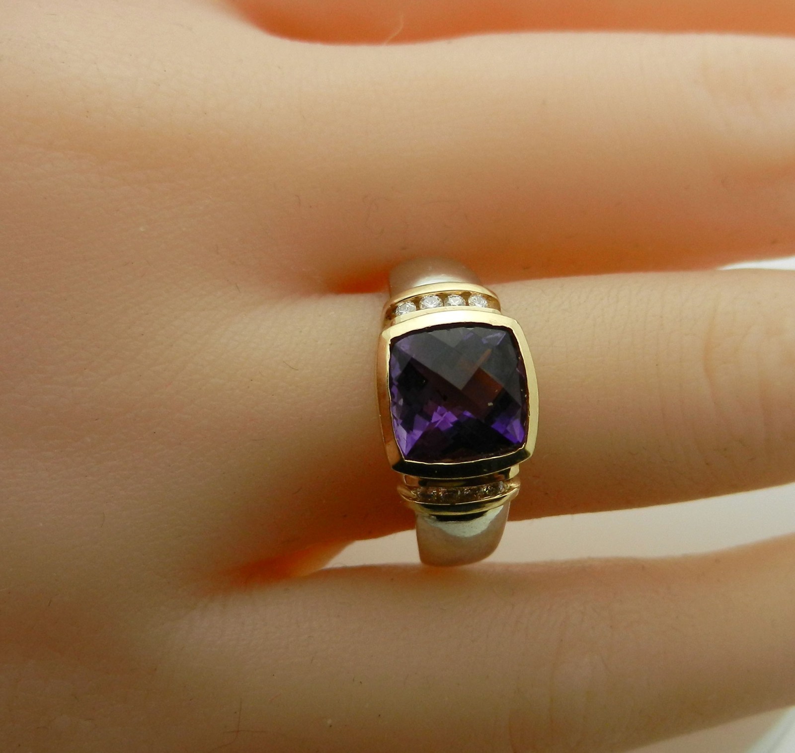 Solid 14k Gold Checkerboard Amethyst Ring with Di… - image 12