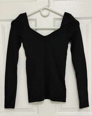 bebe Womens Stretch V-Neck Long Sleeve Built-In-Bra Black Top Size P/S