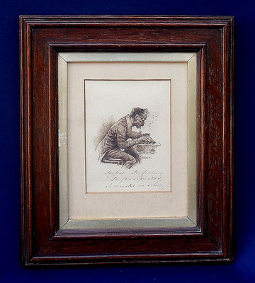 Antike viktorianische Feder & Tusche Zeichnung Zigarre Rauchen Schriftsteller Eiche gerahmt um 1880