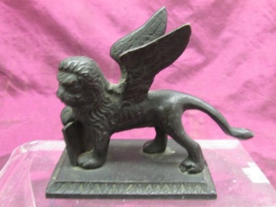Antique Small Bronze figure Winged Griffon Lion with book