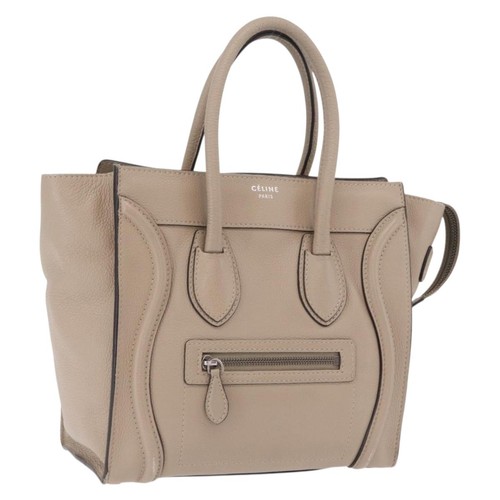 CELINE Luggage Micro Shopper Hand Bag Leather Beige Silver Auth ep16511V