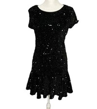 Allison & Kelly Sequin Mini Dress Black Short Sleeve Ruffle Hem MEDIUM Party