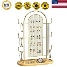 Jewelry Holder Organizer Earring Display Storage Stand Wood Tray Gold