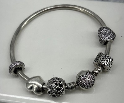 Pandora S925 ALE Genuine Pink Pave Cz Heart Charm Bracelet 5 Charms