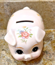 Piggy Bank Lefton Pink Pig Ceramic Cute Lashes Stopper Floral Vintage