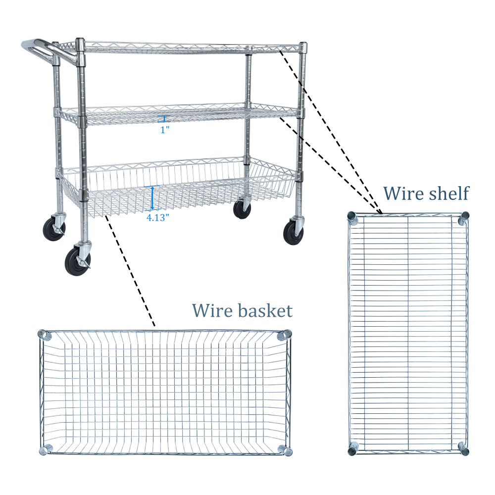 Heavy Rolling Utility Cart 3 Tier Rolling Carts w Wheels 36x18x32" Storage Cart