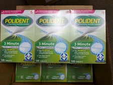 3 X POLIDENT 3 Minute Denture Cleanser Tablets - 120 Count/each EXP  3/2027
