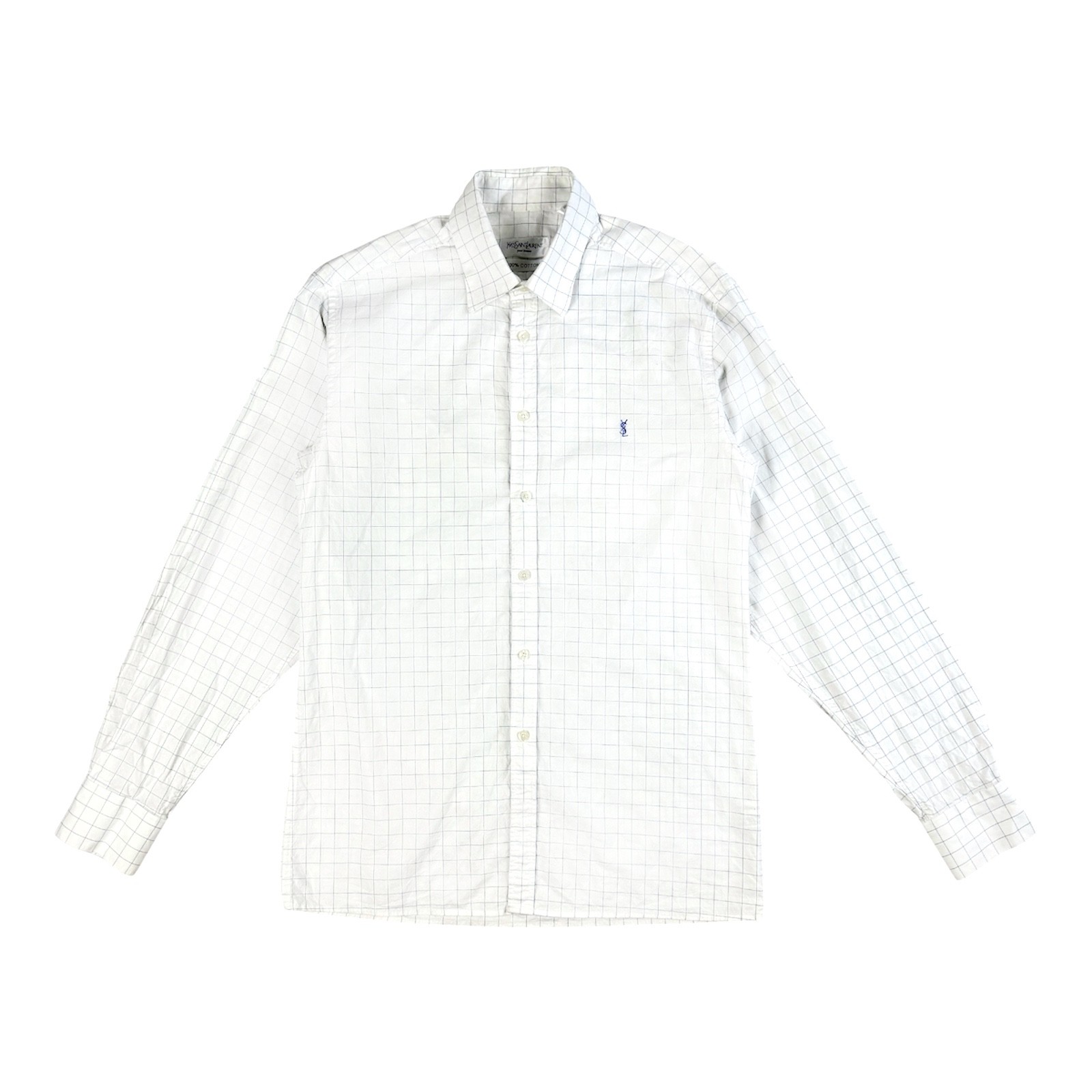 Camicia Yves Saint Laurent YSL M bianca blu griglia cotone vintage