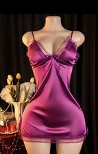 Women  s Purple Satin Lace Trim Chemise Nightgown V-Neck Adjustable Straps OS