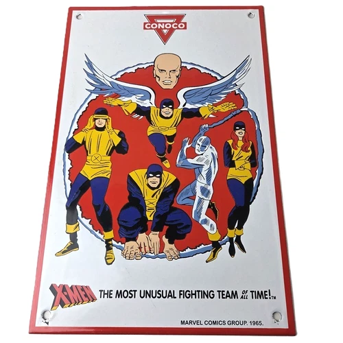 Vintage Conoco Gasoline Sign - X-Men Comics Action Figure Porcelain Pump Sign