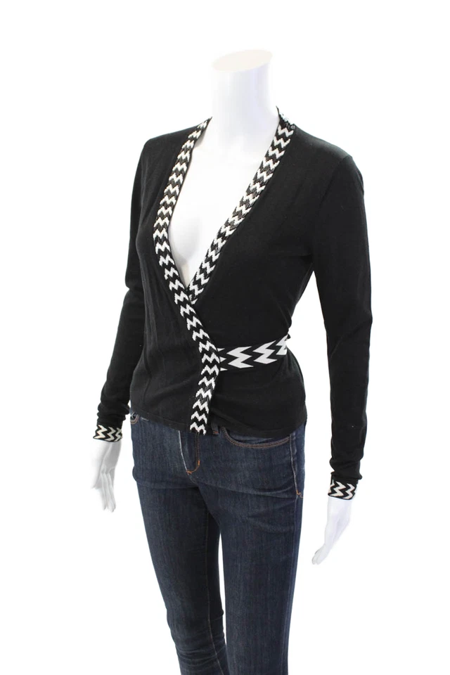 Suéter envolvente Diane Von Furstenberg para mujer Chevron con cuentas negro blanco pequeño Foto 2 de 4