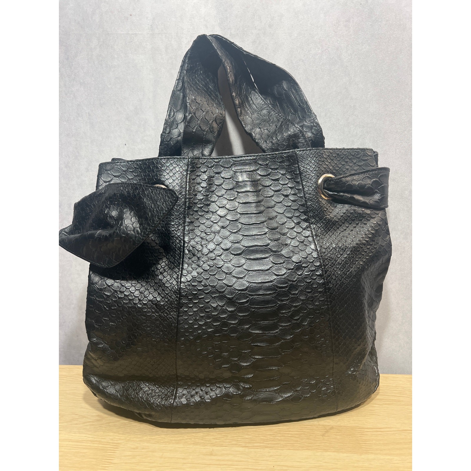 Furla Black Python Embossed Leather Side Bow Hobo… - image 5
