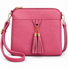 Women’s Pink Pebbled Crossbody Bag Zip Top Adjustable Strap Gold Hardware Tassel