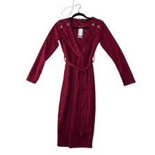 Boohoo Womens Burgundy Long Sleeve Button Shoulder Midi Wrap Belted Dress Size 8
