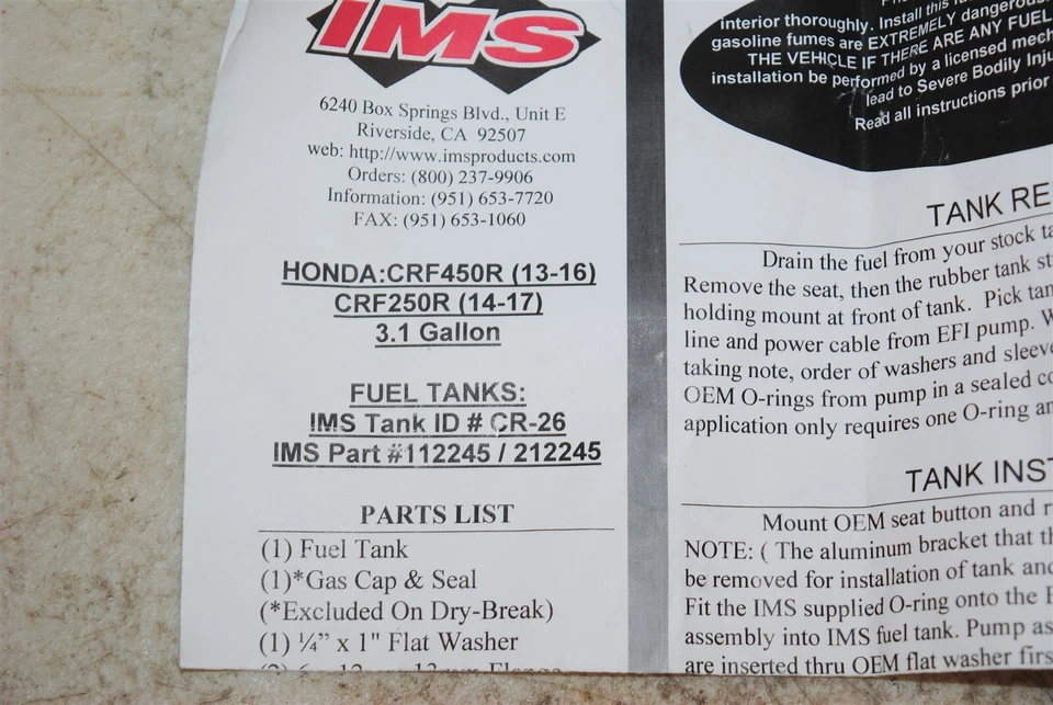 Honda CRF 250R 2014-2017 CRF 450R 2013-16 Plastic Fuel Gas Tank IMS BLACK 3.2G Foto 3 de 4