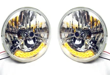 Street Hot Rod 7" Tri Bar Blue Dot H4 Headlights PAIR Amber LED Turn Signals 12v