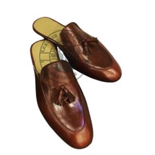 Handcrafted Men Dark Brown Slipper Style Shoes with Tassle Genuine Leather Shoes