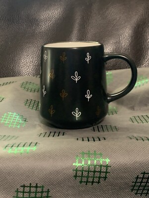 Golden & White Leaves Coffee Tea Mug Cup 16 Oz Stoneware Black By Thyme & Table