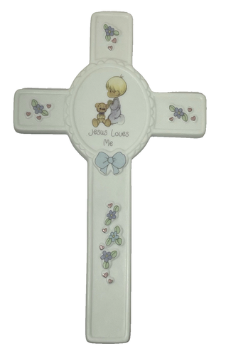 Vtg Precious Moments JESUS LOVES ME BOY'S Porcelain Keepsake Cross 1990 EX