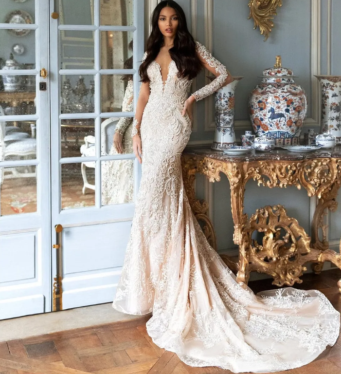 Boho Light Champagne Wedding Dresses Long Sleeves V Neck Sweep Train Bridal  Gown | eBay