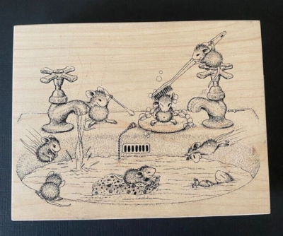 #ad Stampa Rosa House Mouse POOL PARTY 229 Rubber Stamp Red Rubber on Wood 1998 Mice $25.00