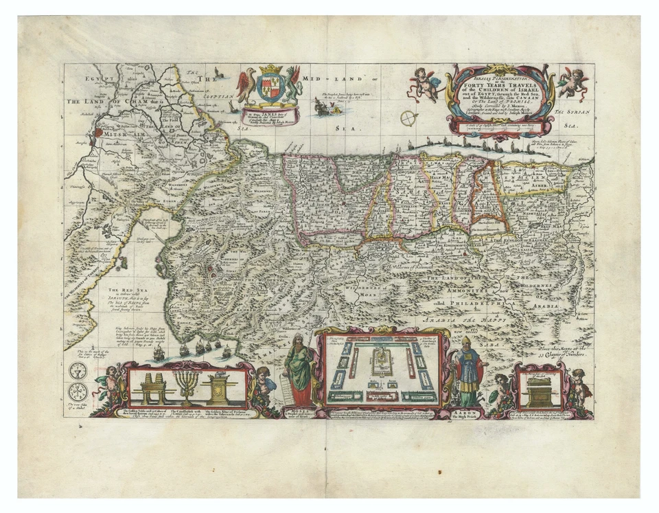 Mapa antiguo "Los cuarenta años de viaje de los hijos de Israel" Moxon, 1690 Foto 2 de 4