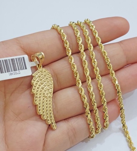 10k Gold Rope Chain Angel Wing Charm Pendant Set 18-28'' Inch 3mm Necklace REAL - Picture 2 of 10