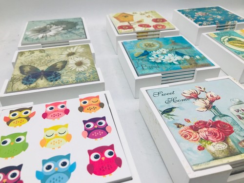 UK Shop - Set of 6 MDF Table Coasters with Holder Multi Designs Available - Picture 3 of 32
