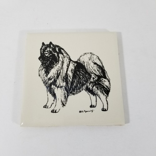 Keeshond Hund Fliesenuntersetzer Vintage signiert 4,25 x 4,25 cm