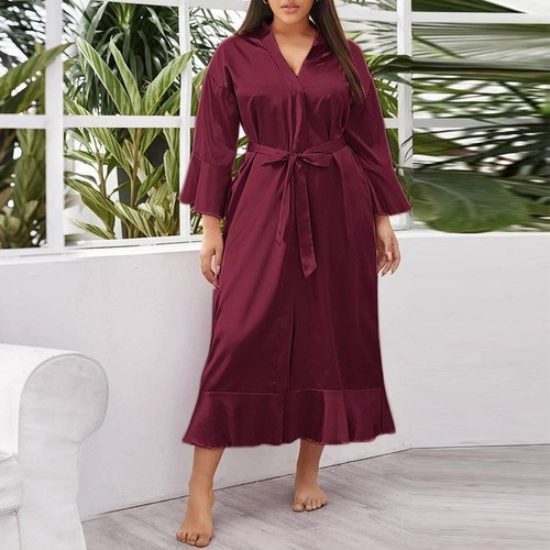 Plus Size Women Silk Long Sleeve Night Dress Sleepwear Kimono Gown Robe Bathrobe - Picture 23 of 24