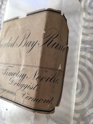 Antique BAY RUM Drugstore Bottle Neville Druggist Vergennes Vermont Paper Label