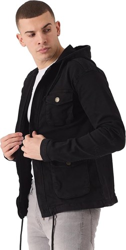 JMOJO Mens Denim Hooded Jacket Warm Trucker Durable Hoodie Winter Sleeves Coat - Picture 2 of 33