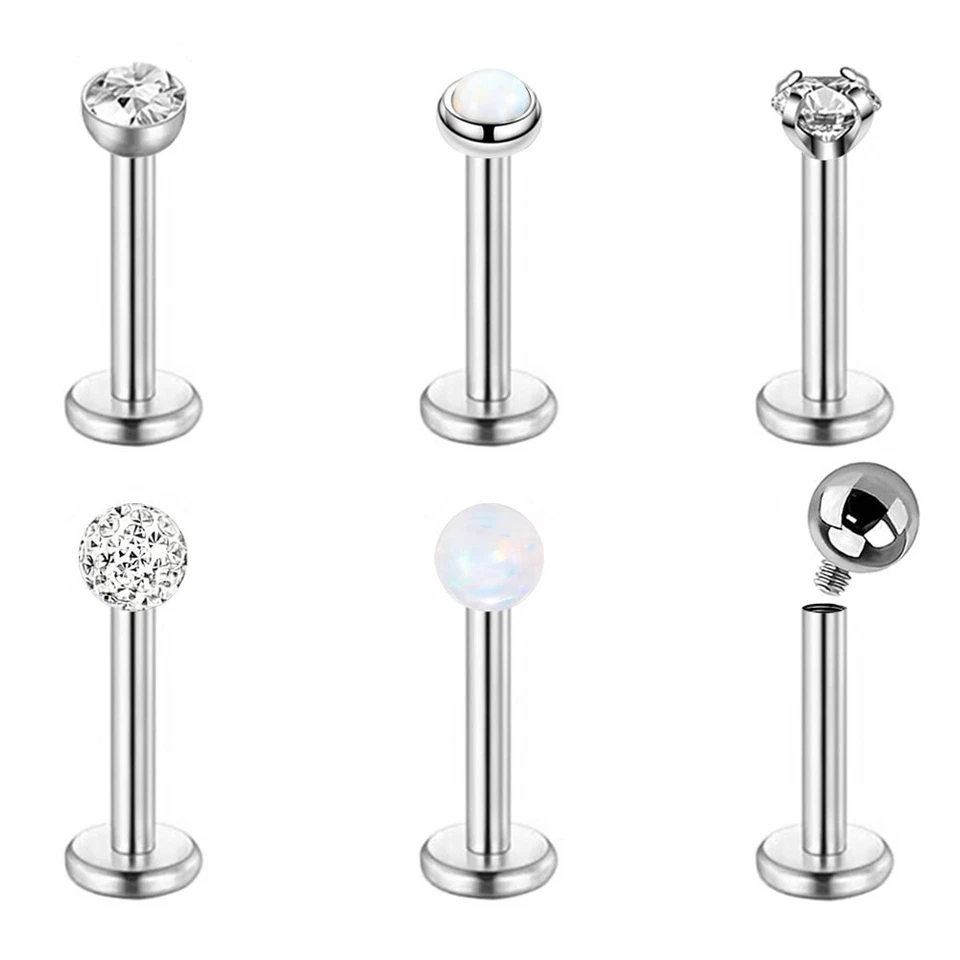 6pc 16g Internal Thread Labret Steel Opal CZ Monroe Lip Tragus Ear Stud Piercing Foto 3 de 4