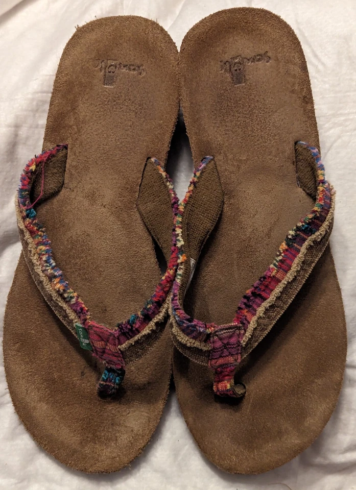 Sanuk Shoes Womens 8 Flip Flop Multicolor Striped Textile Toe-Post Thong Sandals - Image 4 of 4