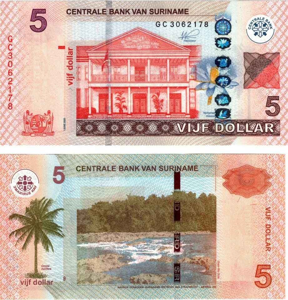 2020 Suriname 5 Dollars UNC Banknote P162 c - Bild 1 von 1