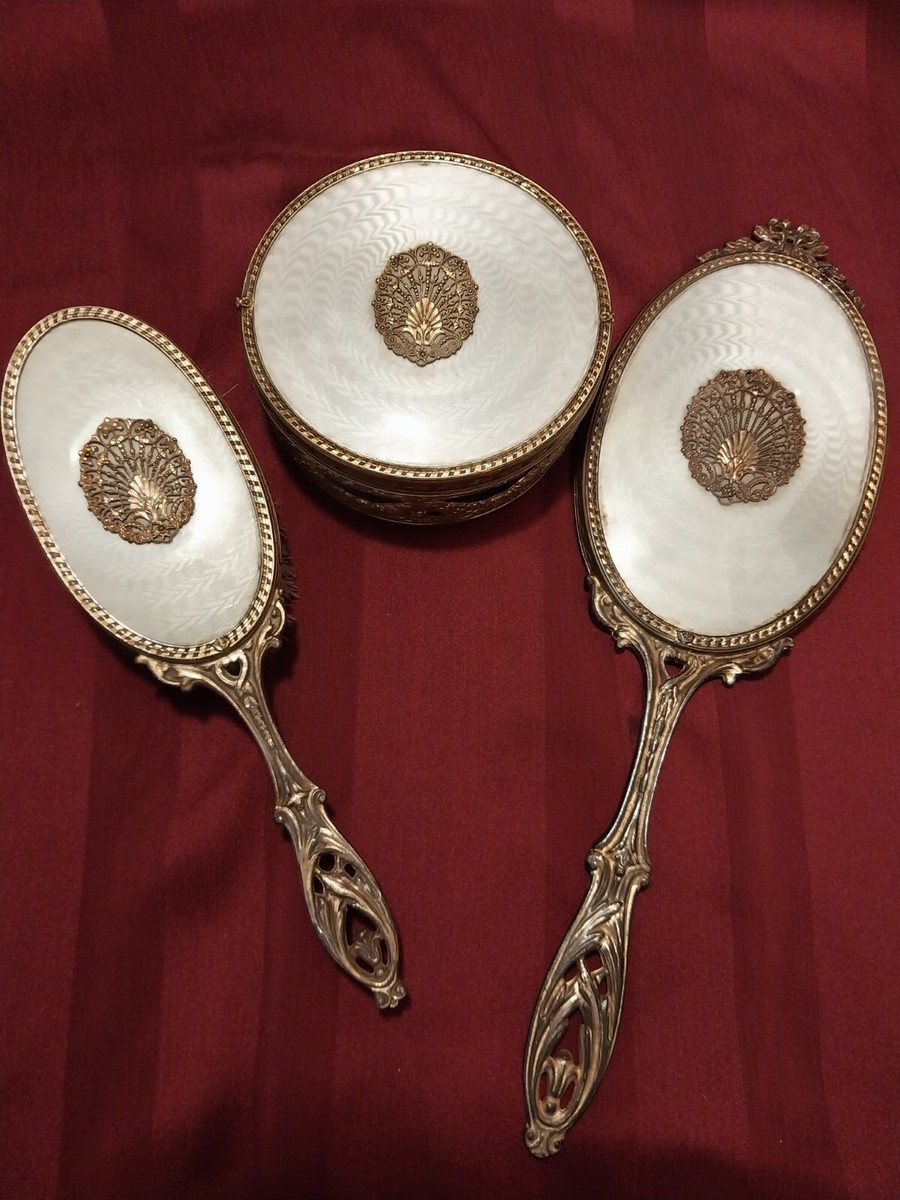 RARE ANTIQUE APOLLO VANITY SET HAND MIRROR, BRUSH AND POWDER