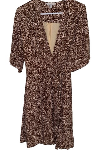 Garnet Hill Womens Hazel Crepe Wrap Dress Sz 8 Dune Texture Print Brown Tan