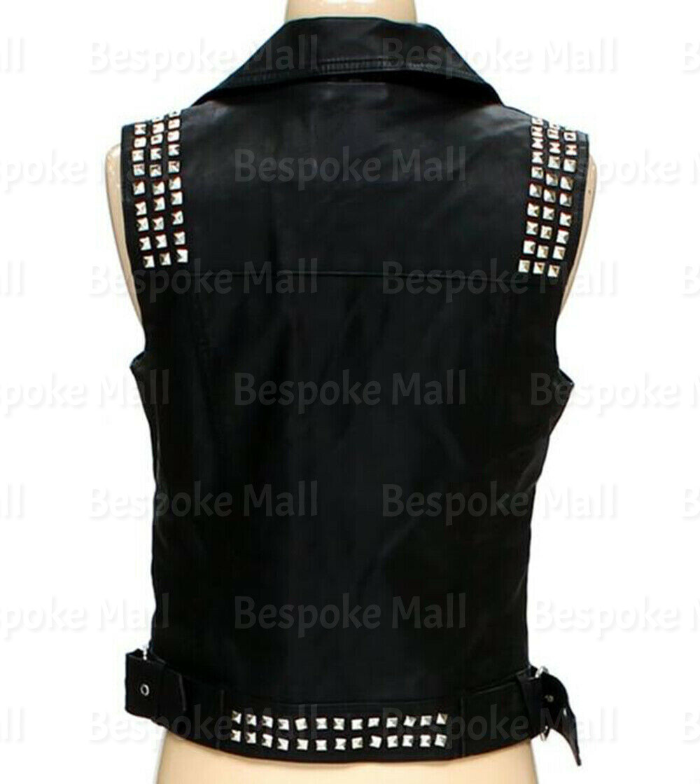 New Women Black Punk Rock Silver Studded Cowhide Zippered