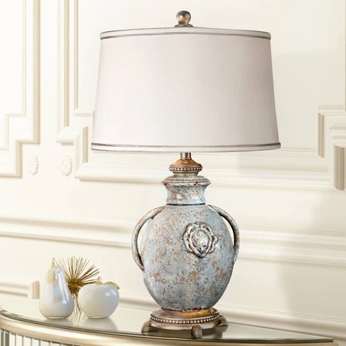Rustic Table Lamp 29" Tall Distressed Blue Tan Glaze Off-White Shade Living Room - Picture 1 of 4