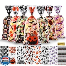 Vellibring 120 Pcs Halloween Cellophane Candy Bags，Halloween Trick or Treat B