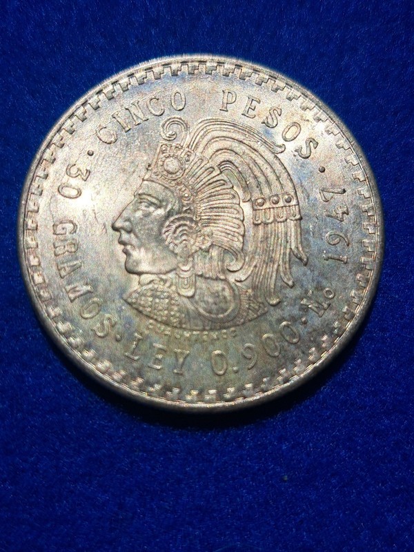 1947 Mexico Mexican Silver 5 Cinco Pesos. Fantastic Coin! Cuauhtemoc.