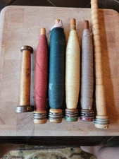 Lot Of 6 Vintage Wooden Spindles & Spools --  Sewing Crafts