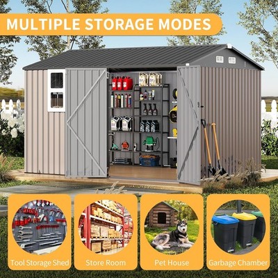 Outdoor Tool Shed 8x10ft Metal Garden Storage Lockable Doors Windows Frame Patio