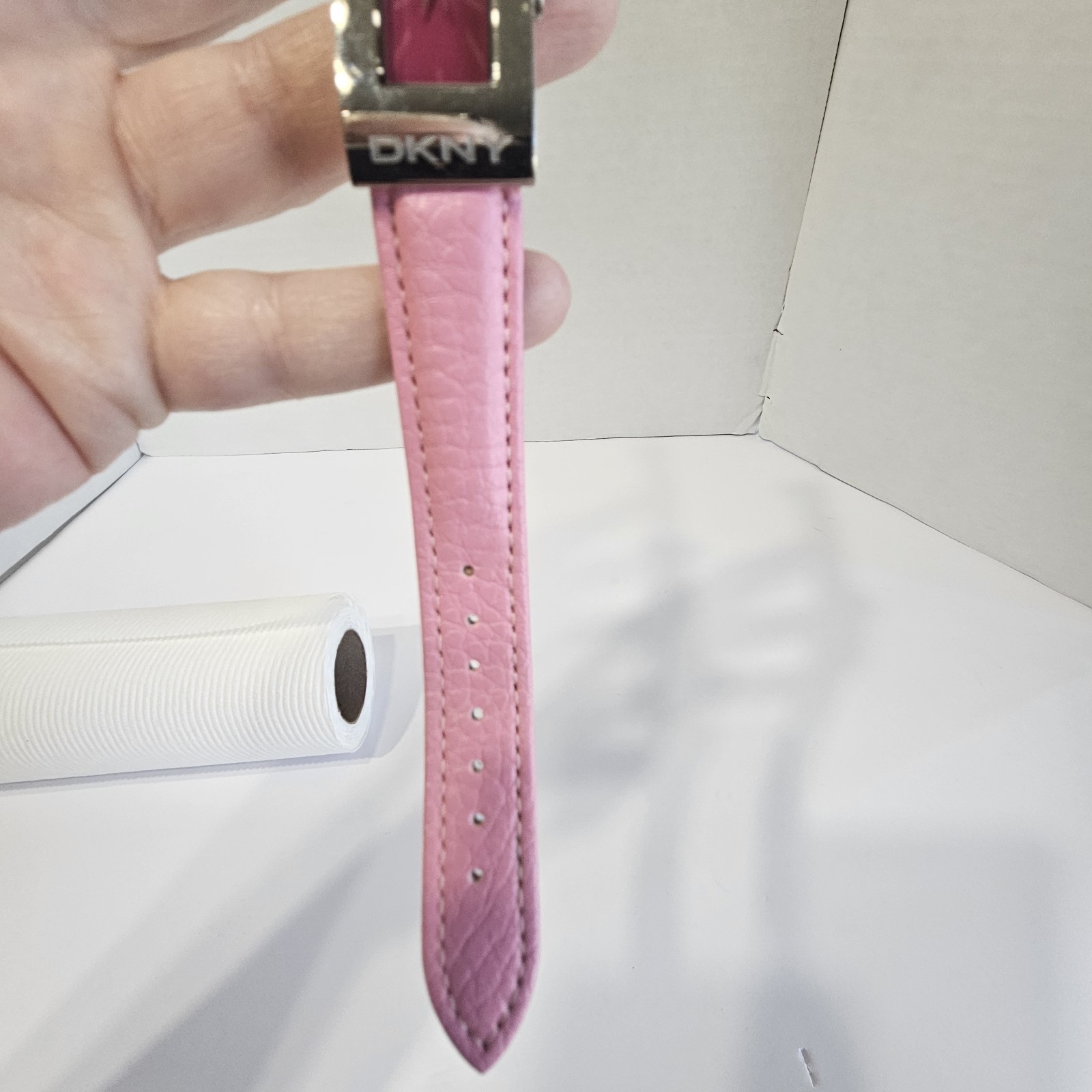 Y2K DKNY Rectangular Face Watch, Pink Leather Ban… - image 3