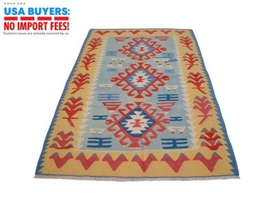 Vintage Handwoven Turkish Kilim Rug   Boho Rustic Oushak Area Rug   3 8  x 5 7 