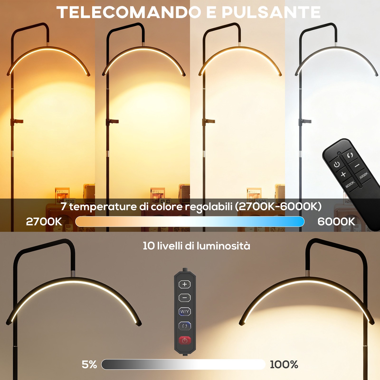 Lampada da Terra LED con Testa a Mezza Luna, Altezza e Temperatura Colore Regola foto 5