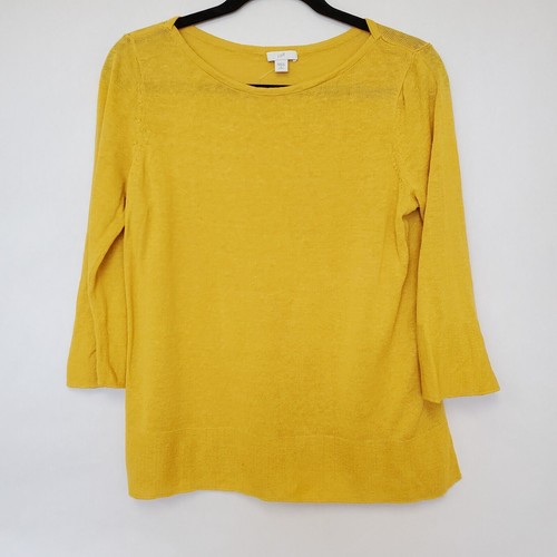 J. Jill Top Womens Small Petite Linen Crew Neck 3/4 Sleeve Yellow Knit Beachy