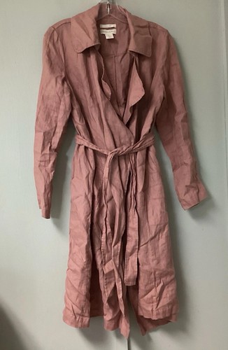 CYNTHIA ROWLEY Size Small Long Sleeve Mauve Pink 100% Linen Tie Wrap Trench Coat - Picture 3 of 19